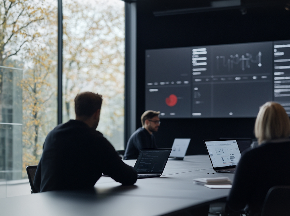 Software engineering team reviewing connected systems
